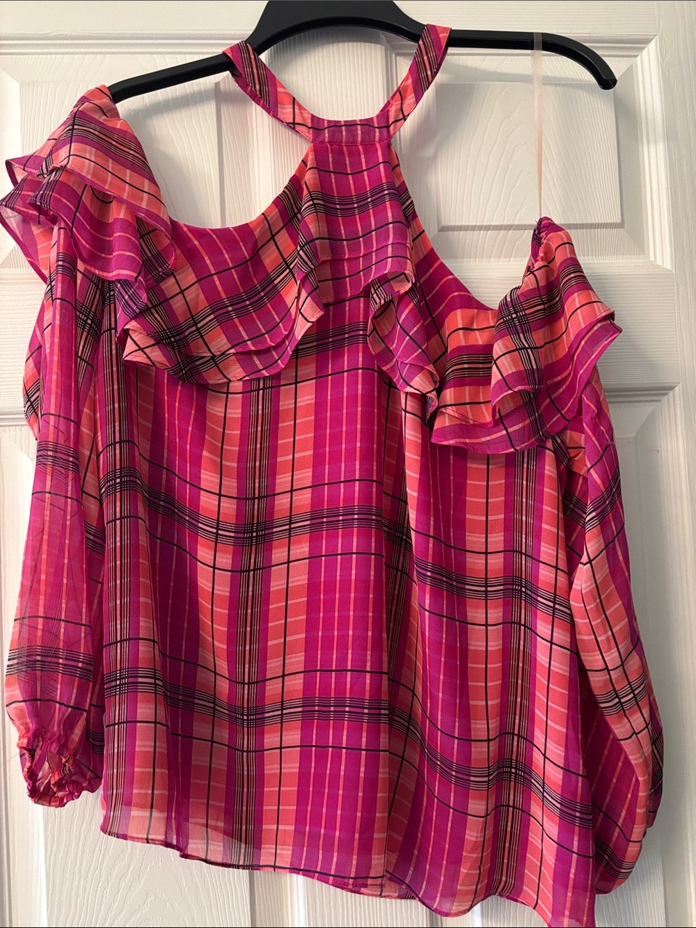 INC International Concepts Pink Plaid Cold-Shoulder Ruffle Blouse